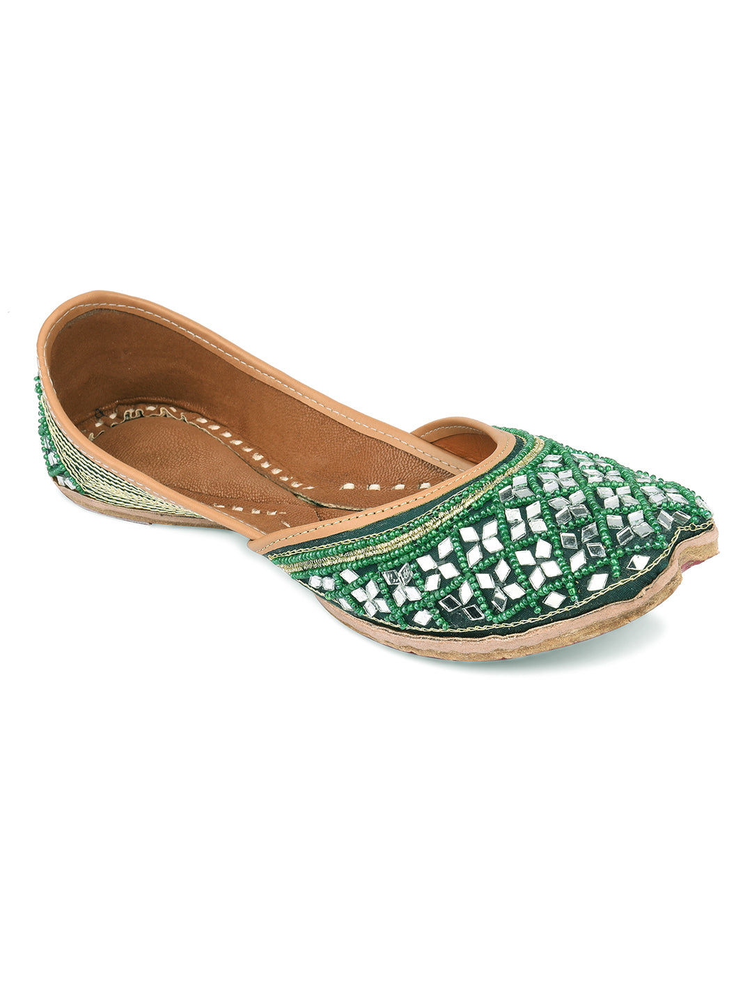 DESI COLOUR Women Green Ethnic Embellished Mojaris Flats