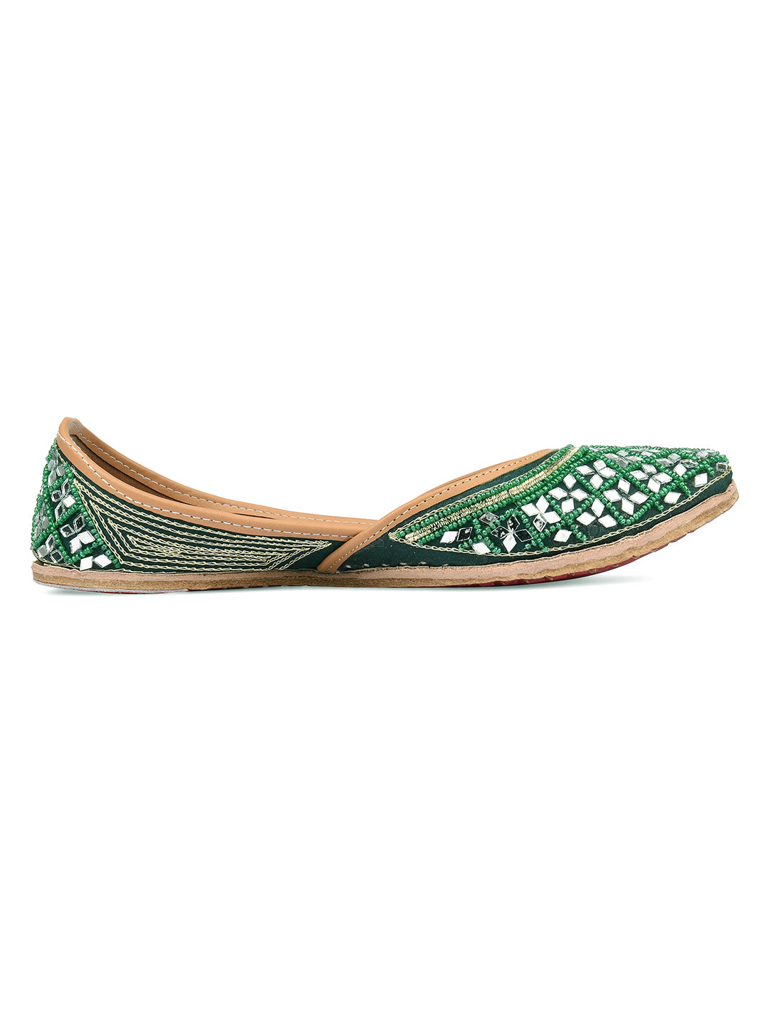 DESI COLOUR Women Green Ethnic Embellished Mojaris Flats