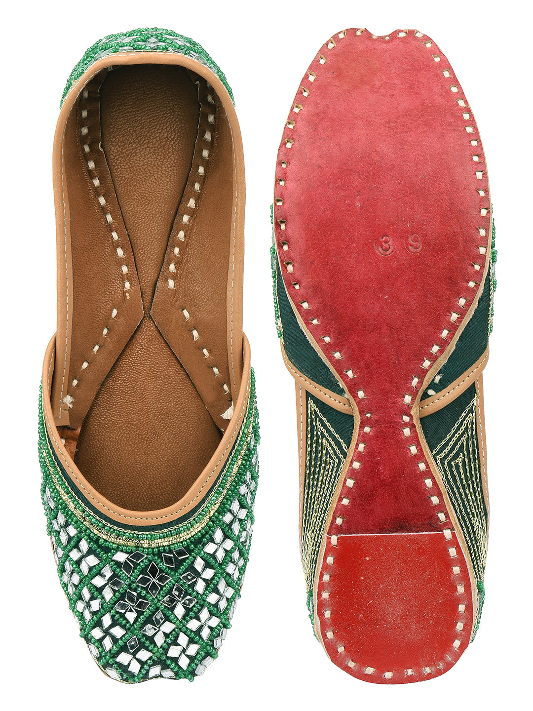 DESI COLOUR Women Green Ethnic Embellished Mojaris Flats