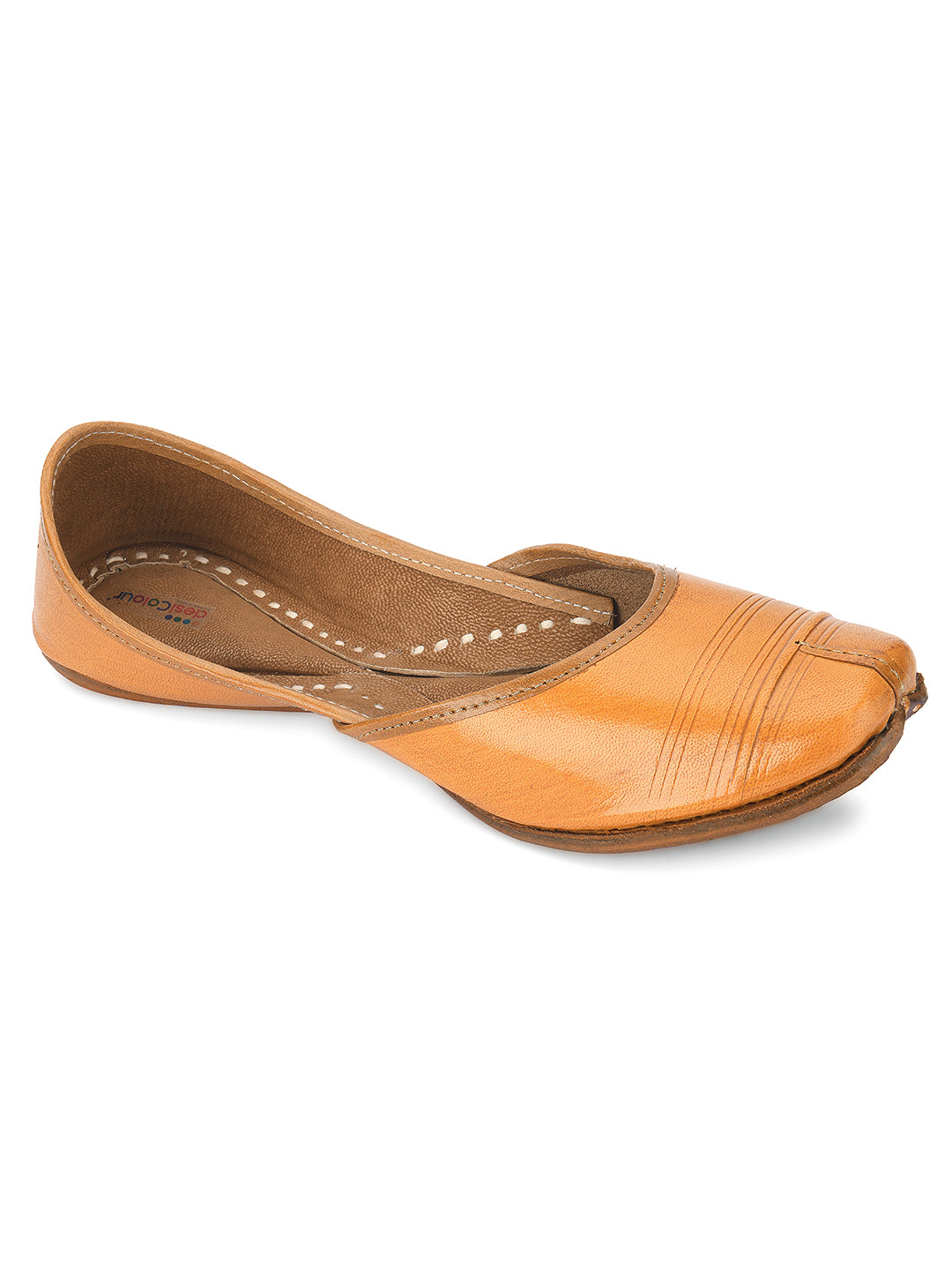 DESI COLOUR Women Tan Ethnic Leather Mojaris Flats