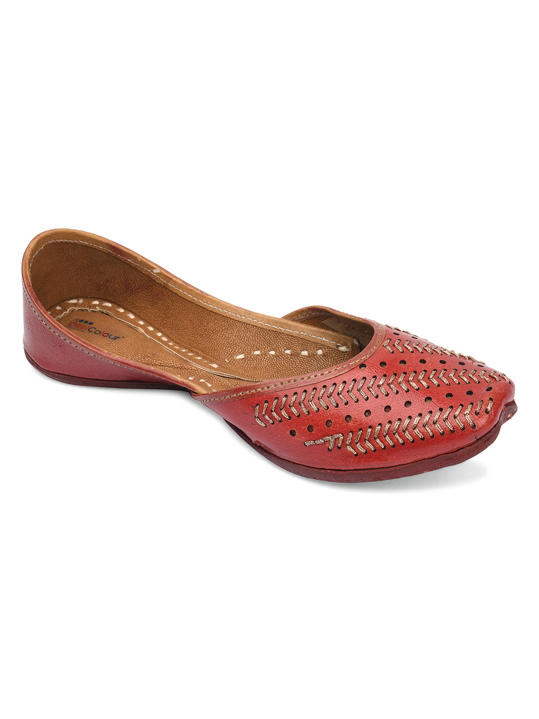 DESI COLOUR Women Red Leather Ethnic Mojaris