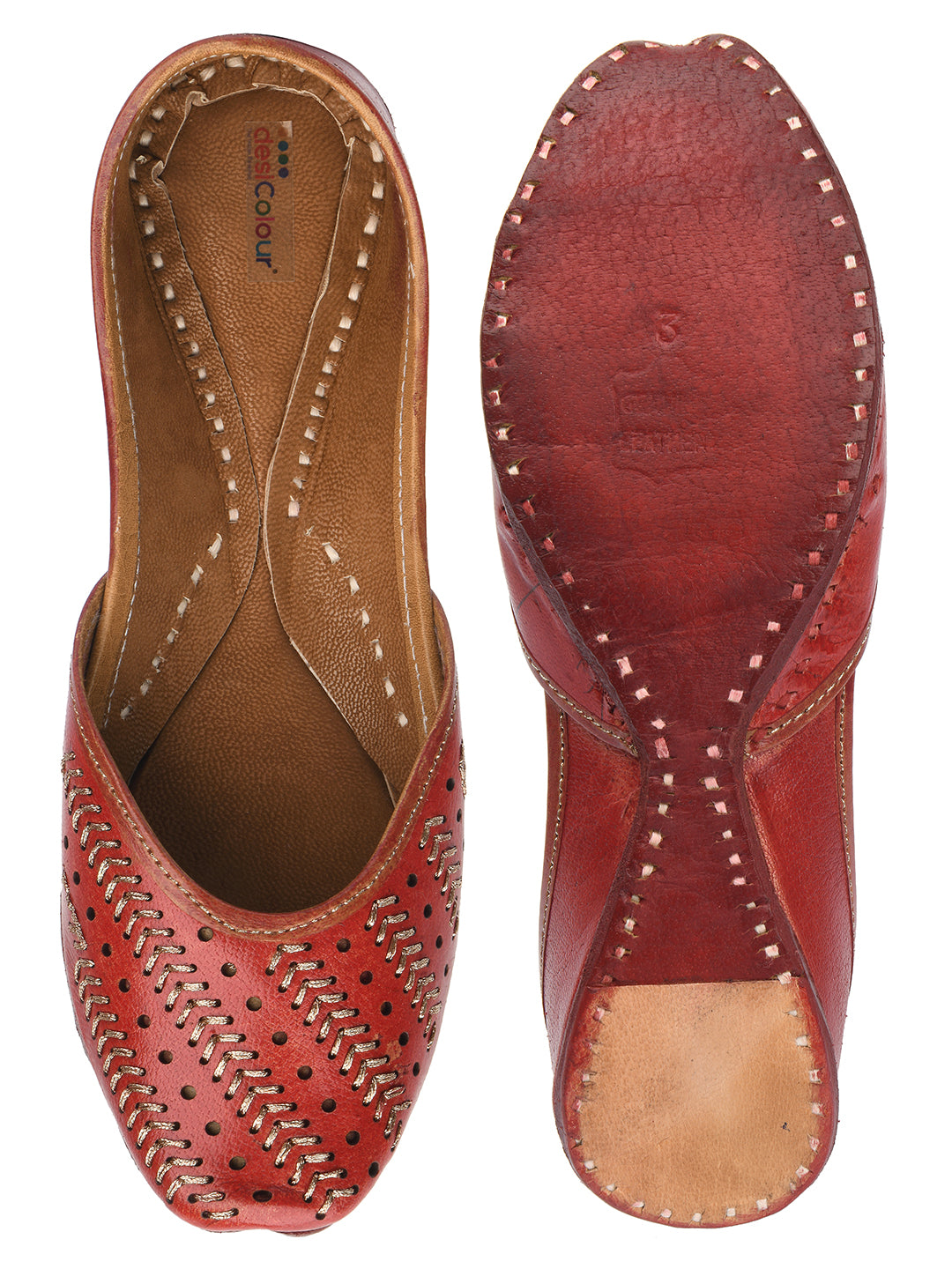 DESI COLOUR Women Red Leather Ethnic Mojaris