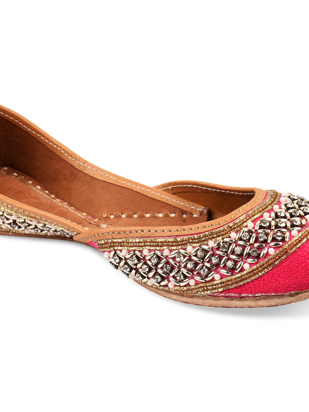 DESI COLOUR Women Pink Embellished Leather Mojaris