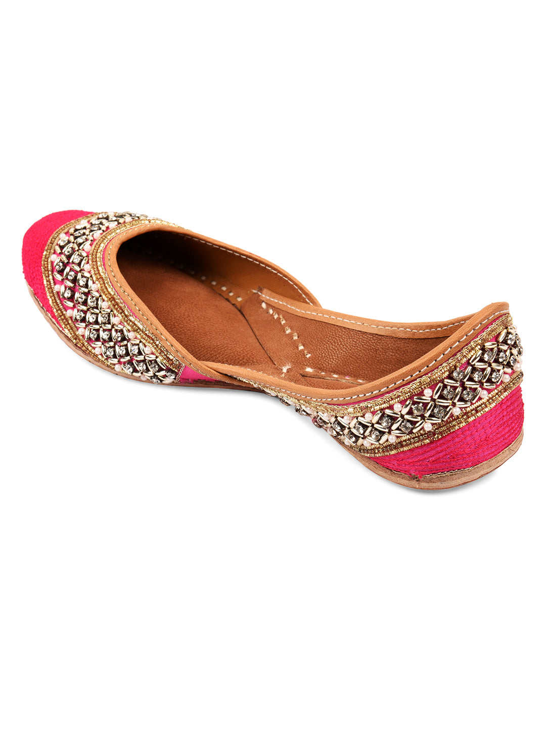 DESI COLOUR Women Pink Embellished Leather Mojaris