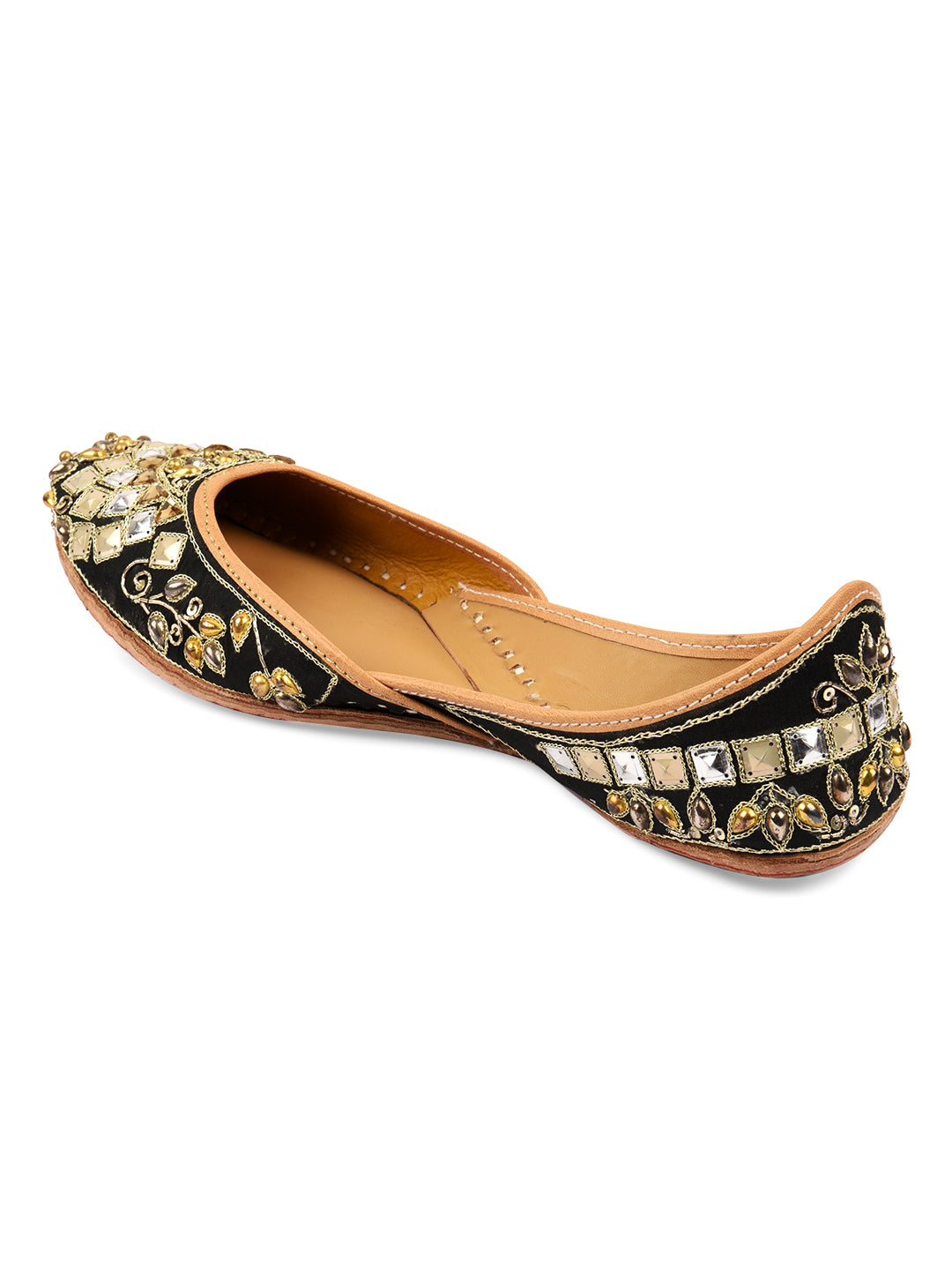 DESI COLOUR Women Black Embellished Leather Mojaris