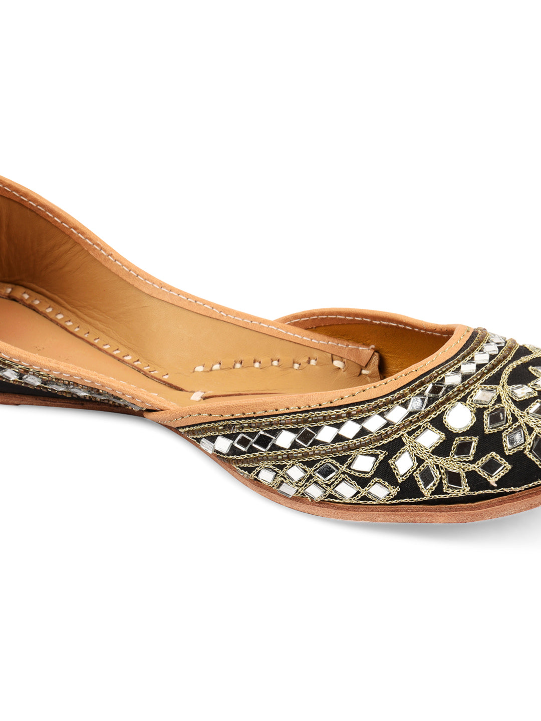 DESI COLOUR Women Black Embellished Leather Mojaris