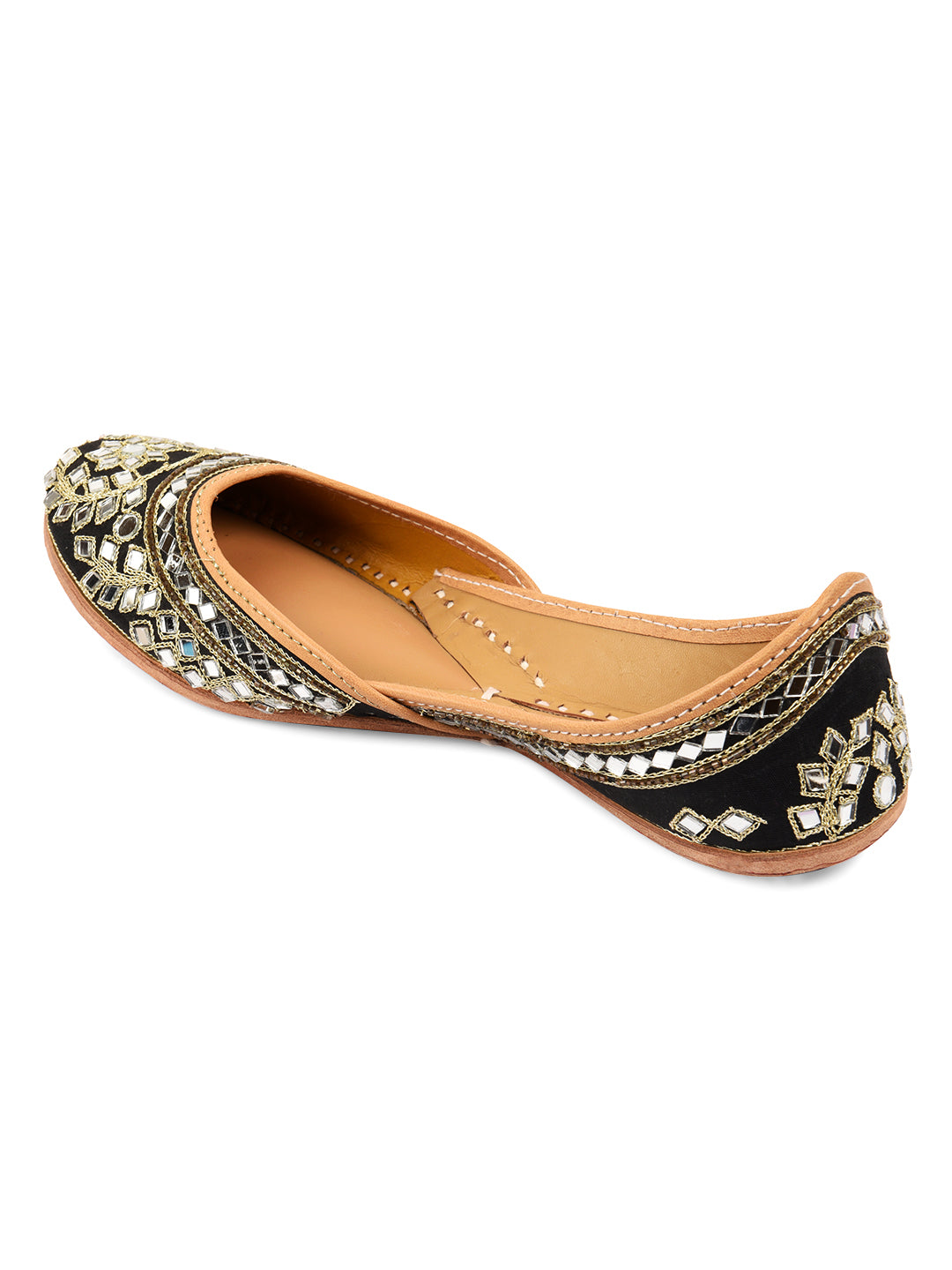 DESI COLOUR Women Black Embellished Leather Mojaris