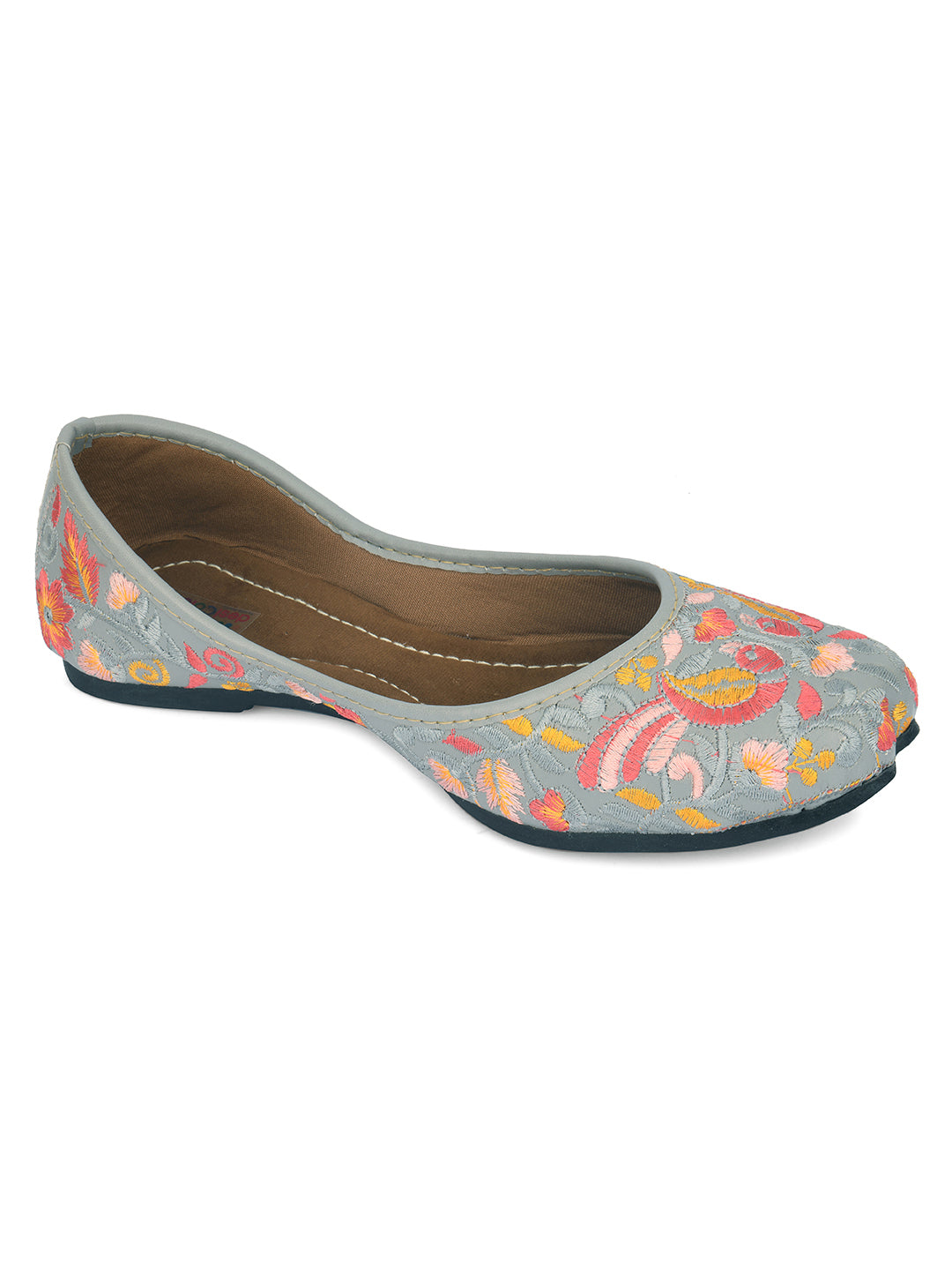 DESI COLOUR Women Grey Embellished Leather Ethnic Ballerinas Flats