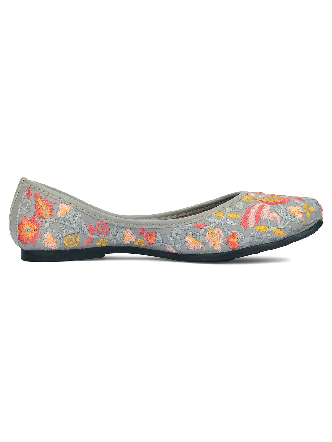DESI COLOUR Women Grey Embellished Leather Ethnic Ballerinas Flats