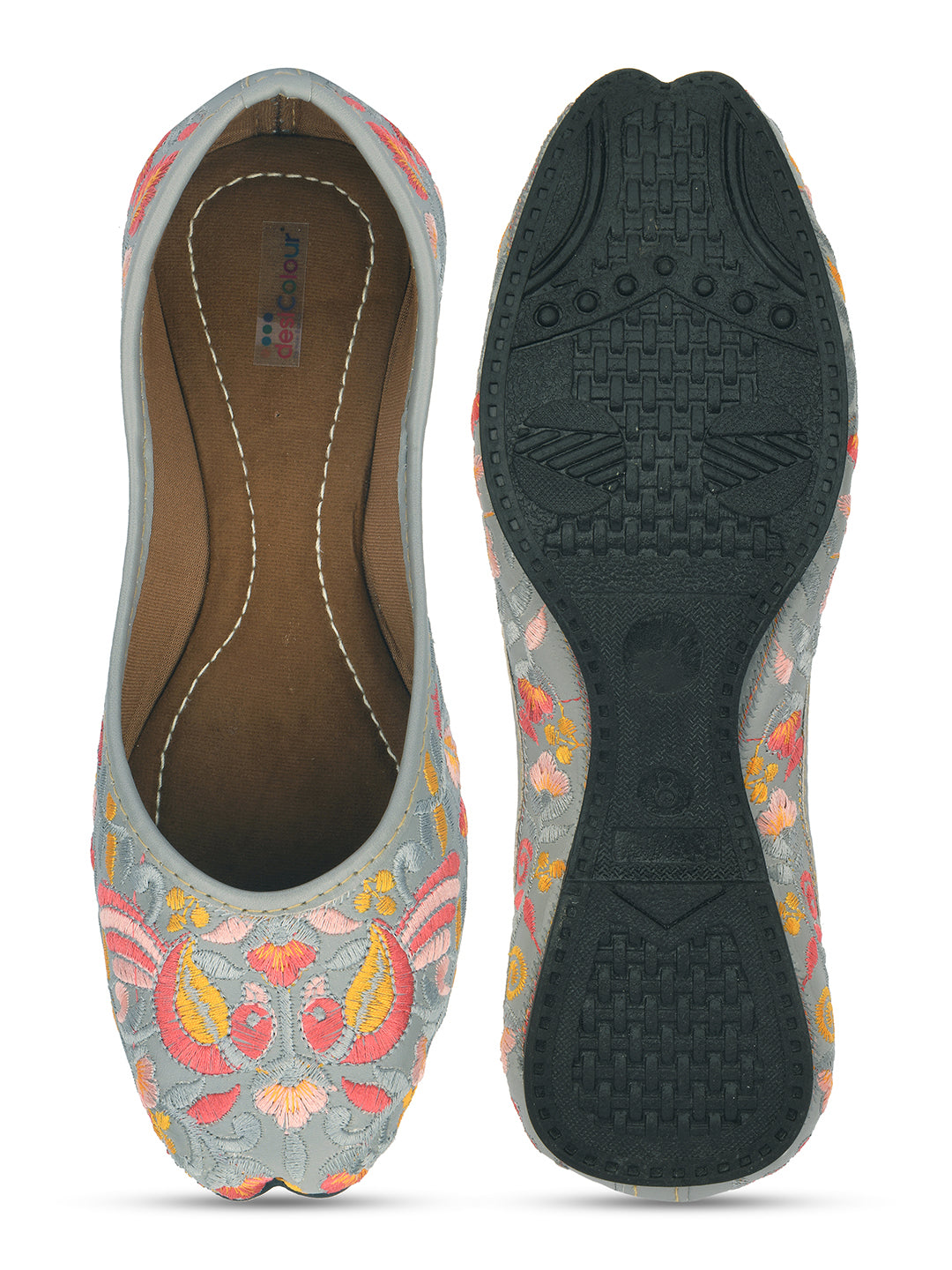 DESI COLOUR Women Grey Embellished Leather Ethnic Ballerinas Flats