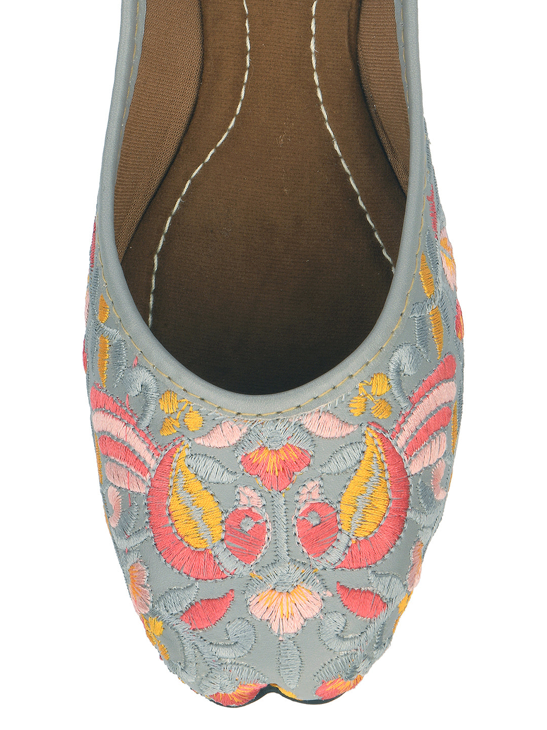 DESI COLOUR Women Grey Embellished Leather Ethnic Ballerinas Flats