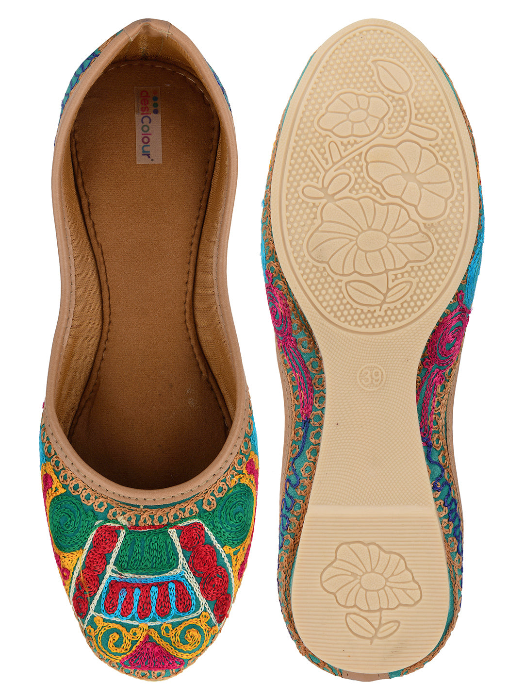 DESI COLOUR Women Multicoloured Embellished Ethnic Mojaris Flats