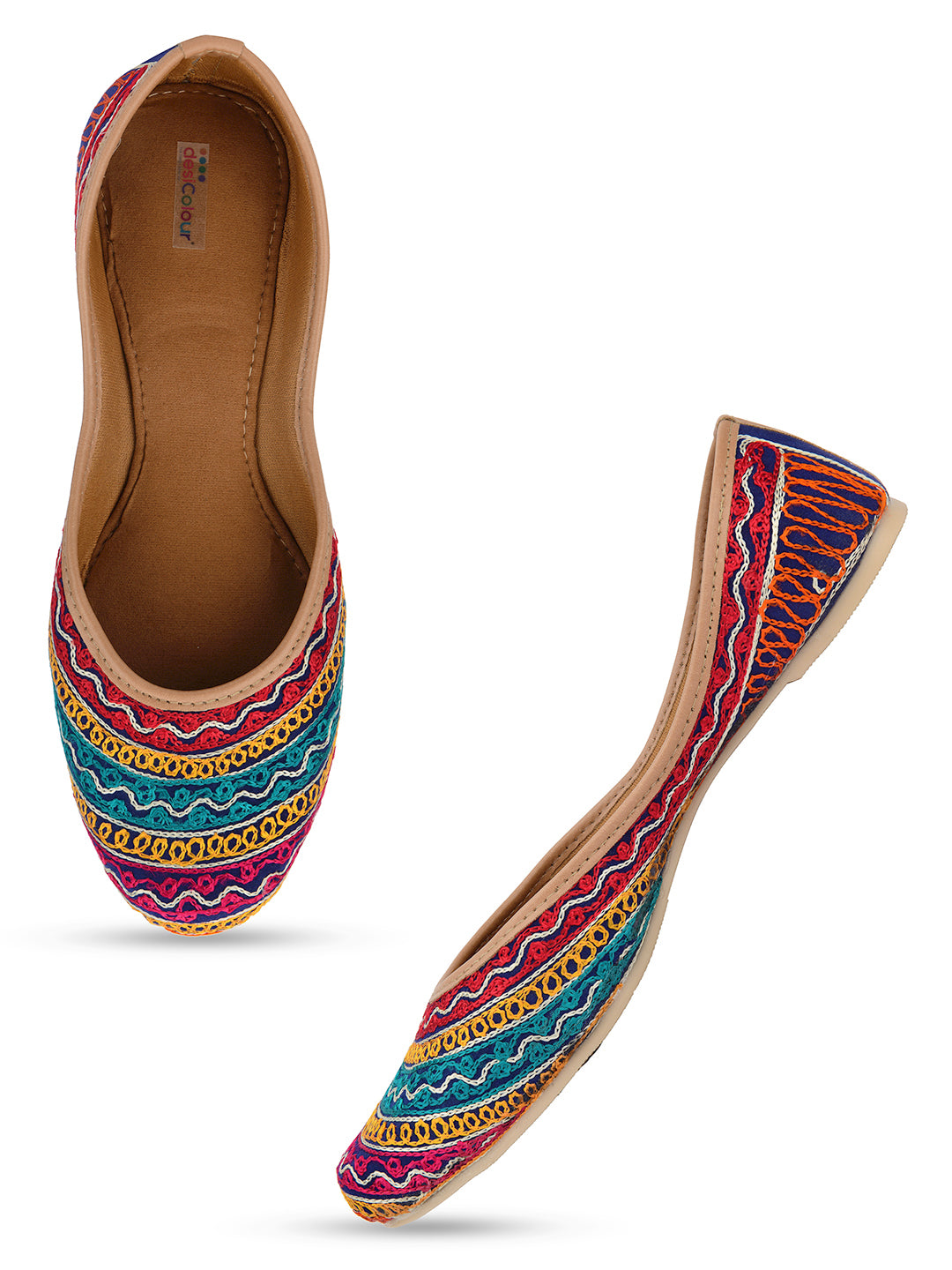 DESI COLOUR Women Pink Embellished Ethnic Mojaris with Embroidered Flats