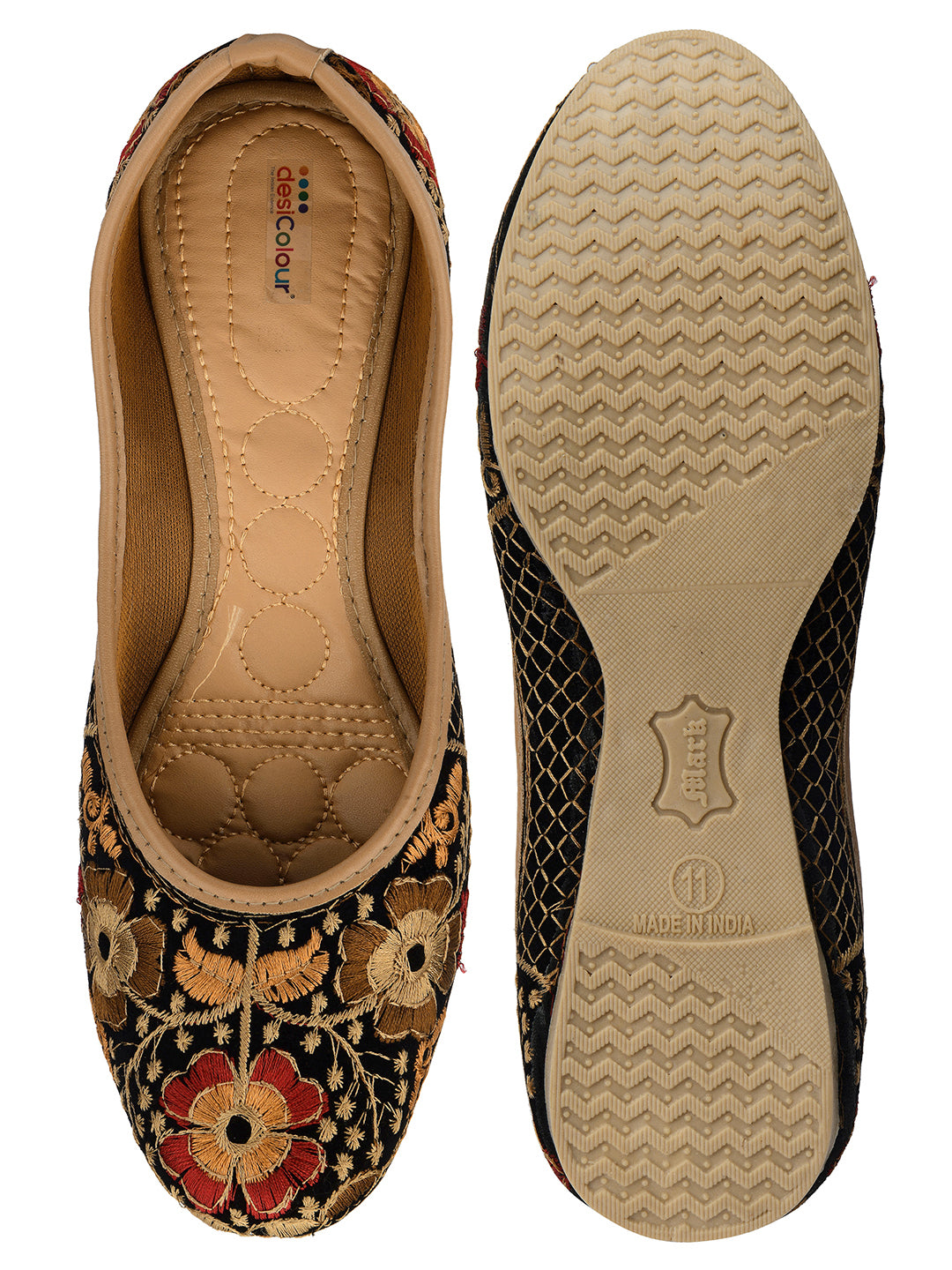DESI COLOUR Women Black Beige Ethnic Mojaris Flats