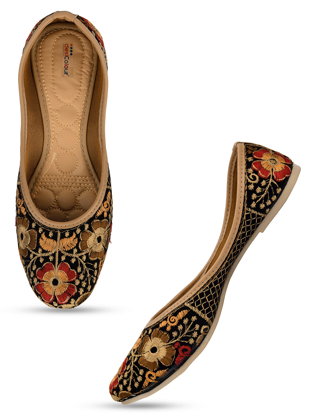 DESI COLOUR Women Black Beige Ethnic Mojaris Flats