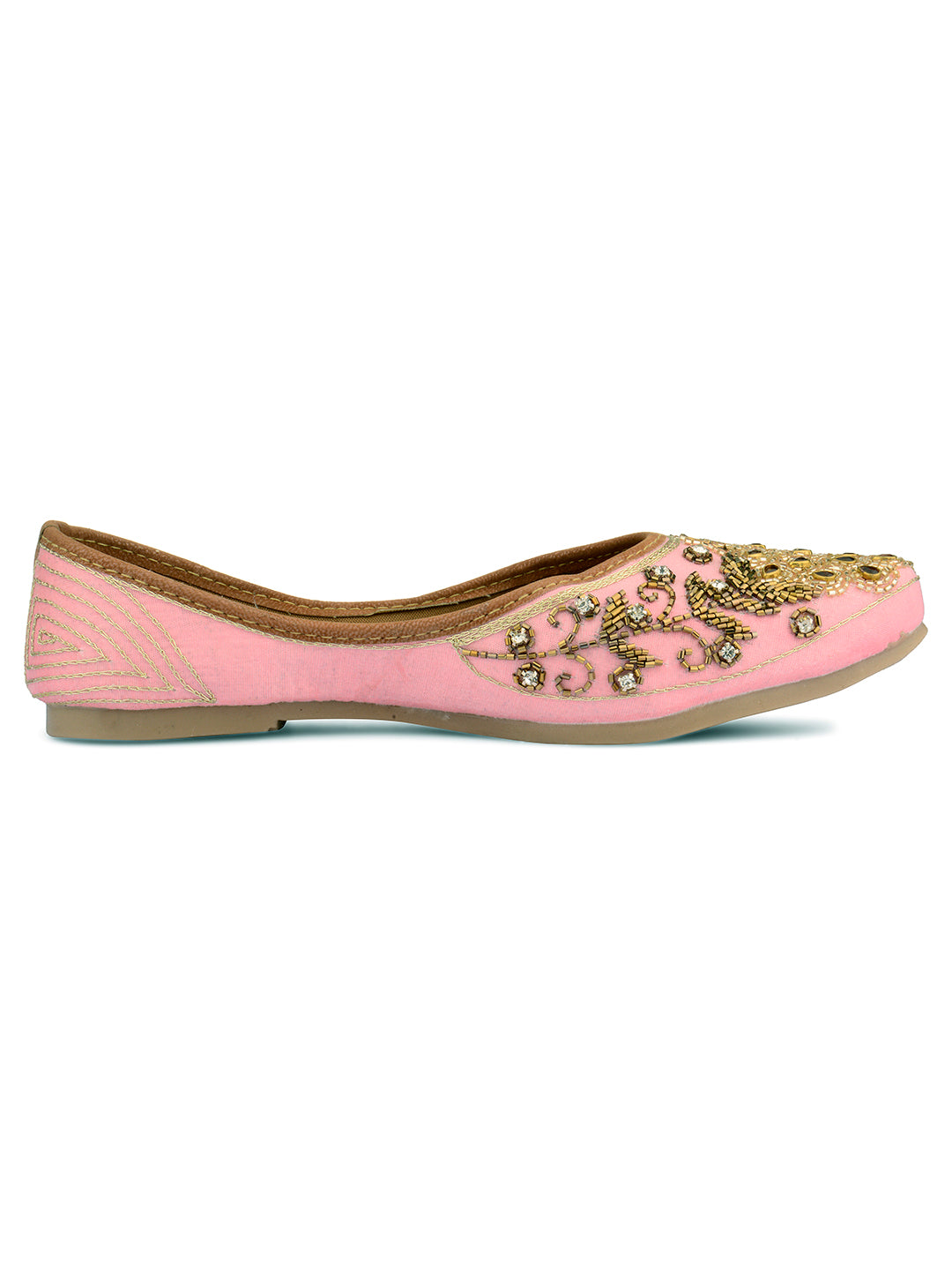 DESI COLOUR Women Pink Embellished Leather Ethnic Mojaris Flats