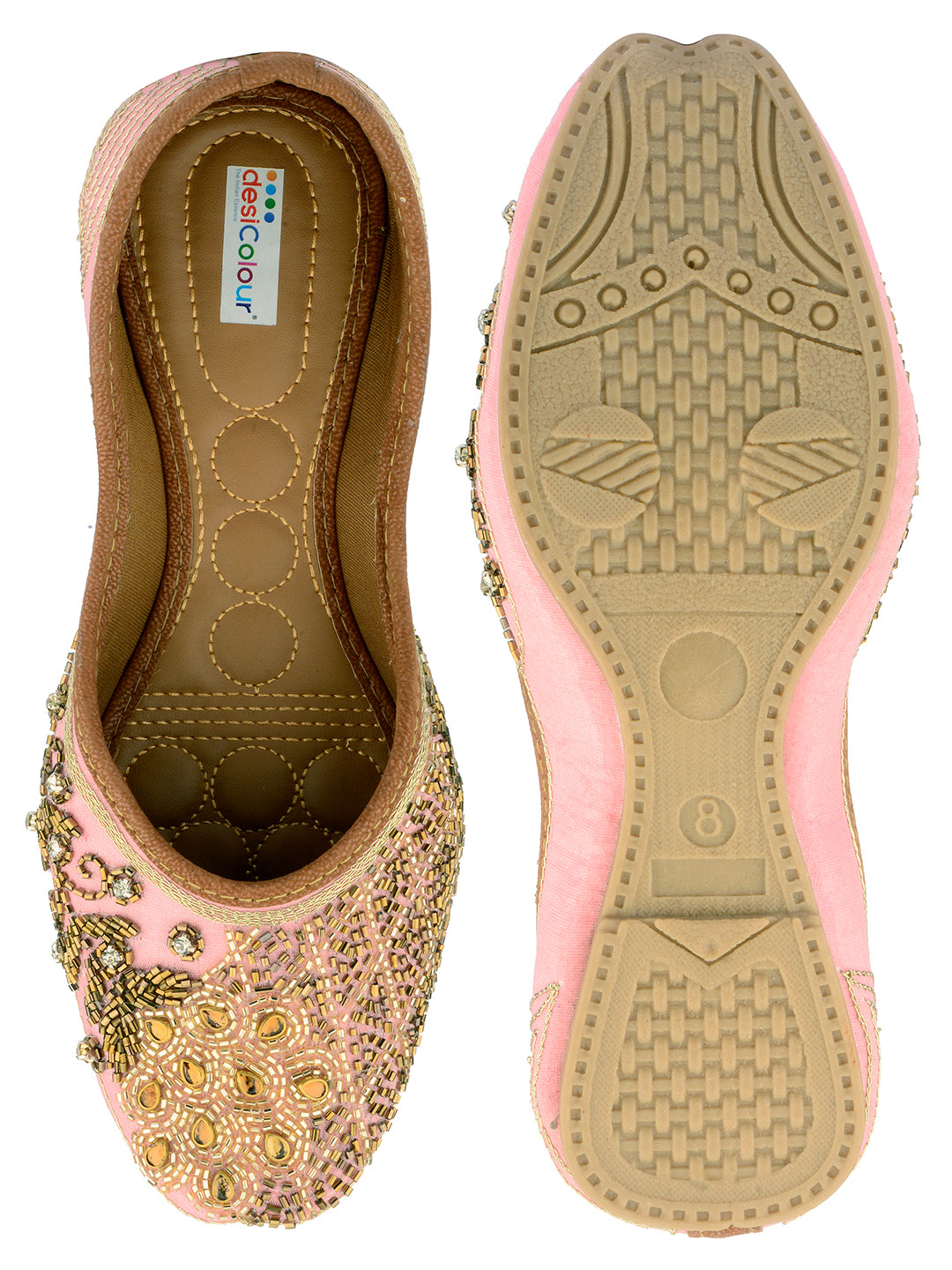 DESI COLOUR Women Pink Embellished Leather Ethnic Mojaris Flats
