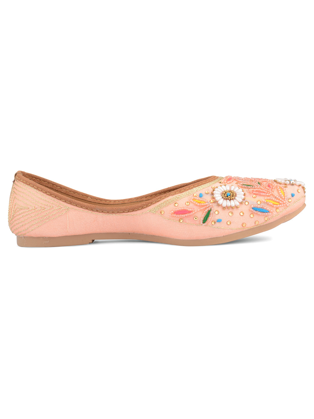 DESI COLOUR Women Peach-Coloured Embellished Leather Ethnic Mojaris Flats
