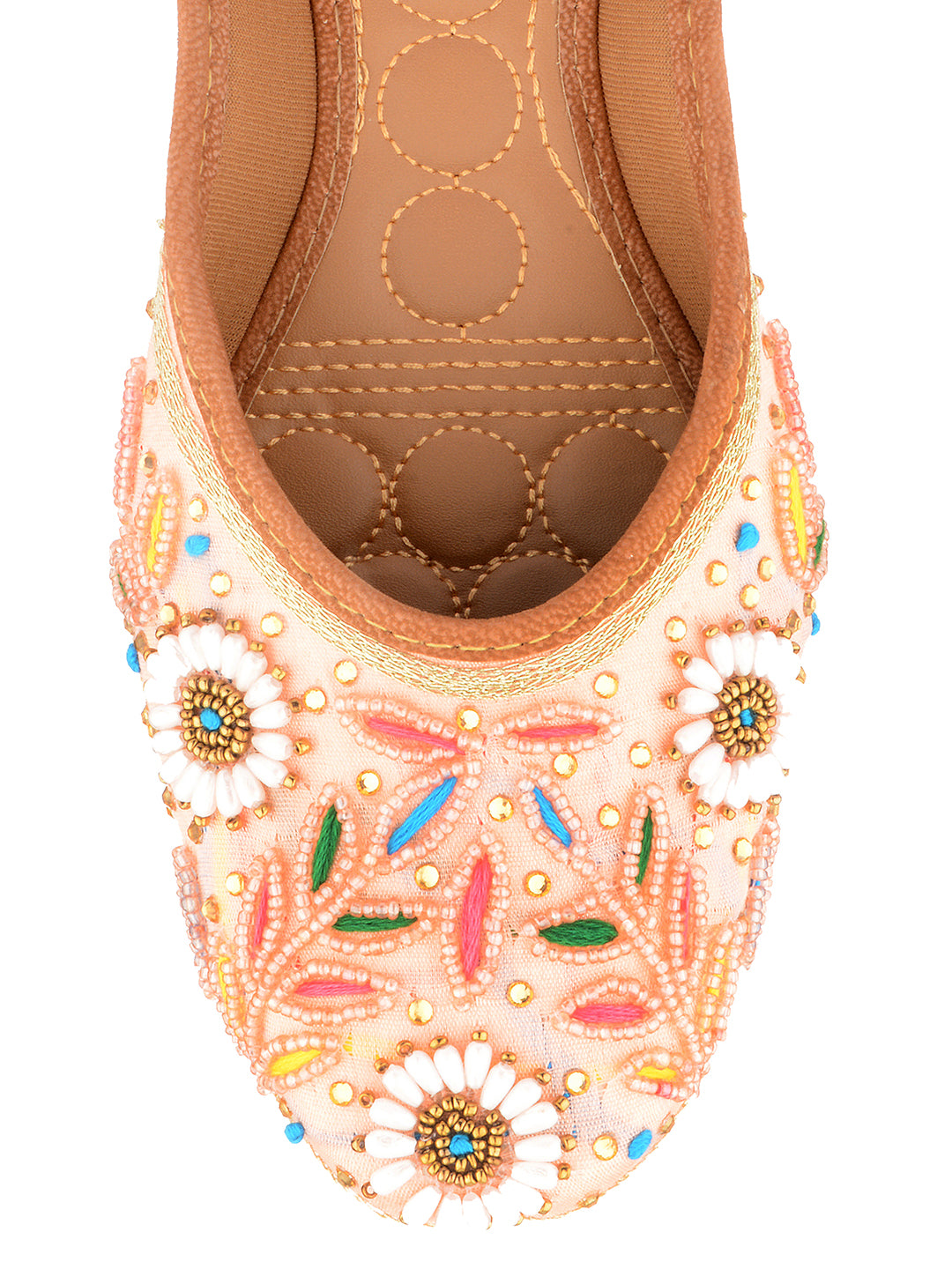 DESI COLOUR Women Peach-Coloured Embellished Leather Ethnic Mojaris Flats