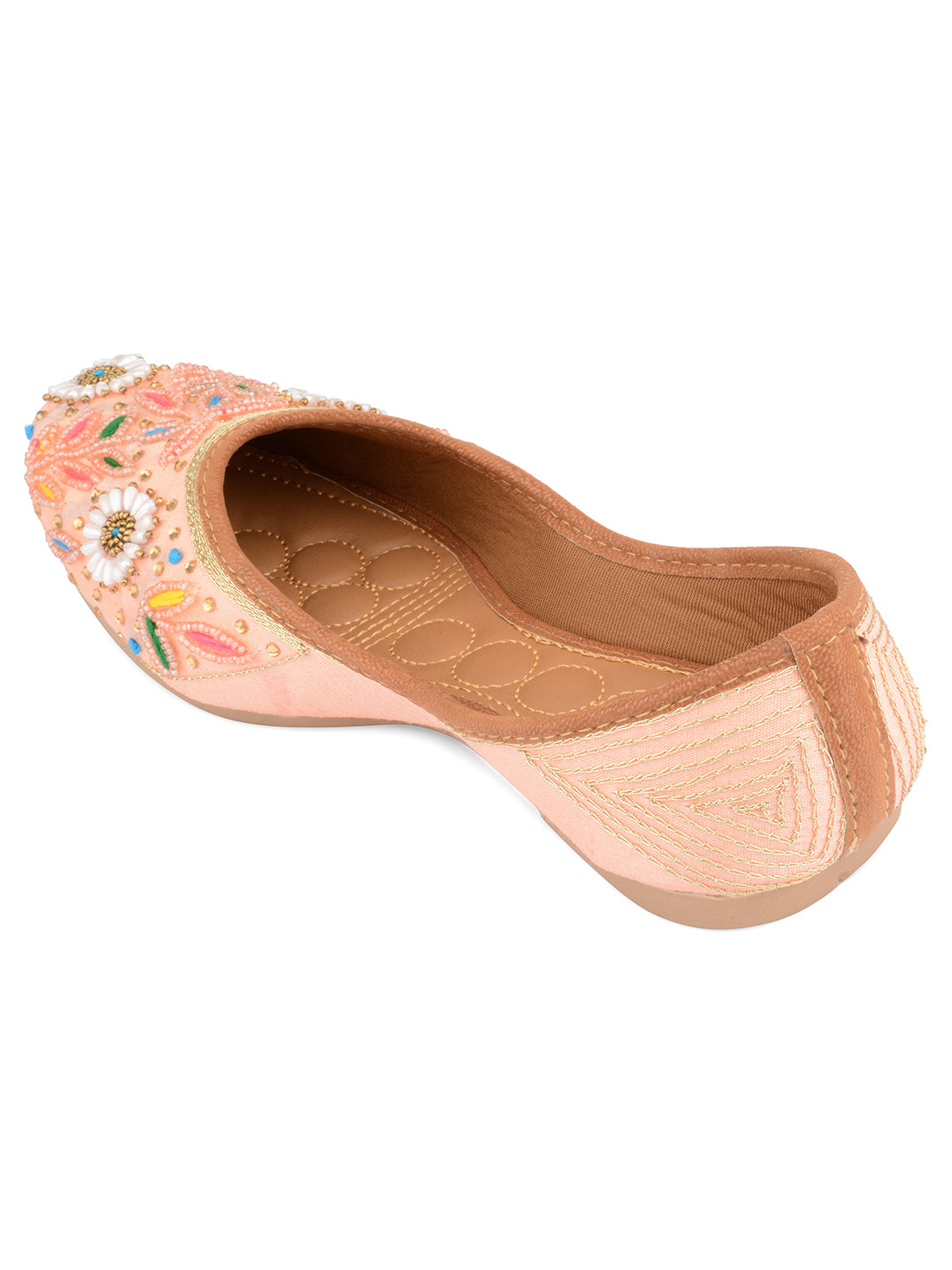 DESI COLOUR Women Peach-Coloured Embellished Leather Ethnic Mojaris Flats