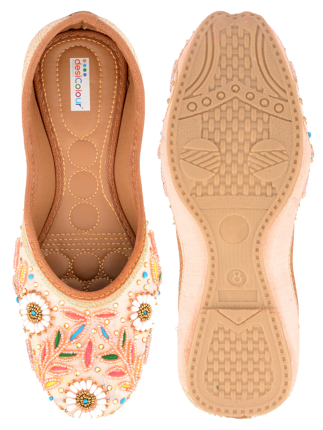 DESI COLOUR Women Peach-Coloured Embellished Leather Ethnic Mojaris Flats