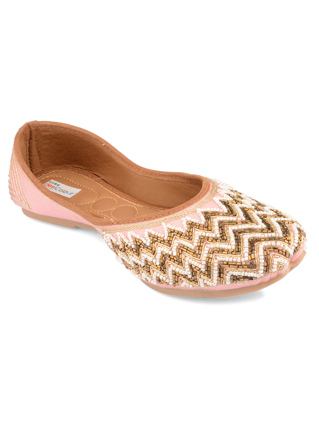 DESI COLOUR Women Pink Brown Embellished Ethnic Mojaris