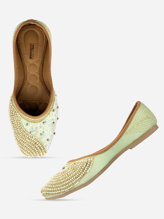 Women Sea Green Ethnic Embellished Mojaris Flats