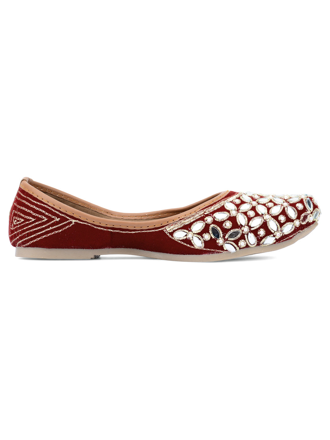 DESI COLOUR Women Red Gold-Toned Embellished Velvet Mojaris