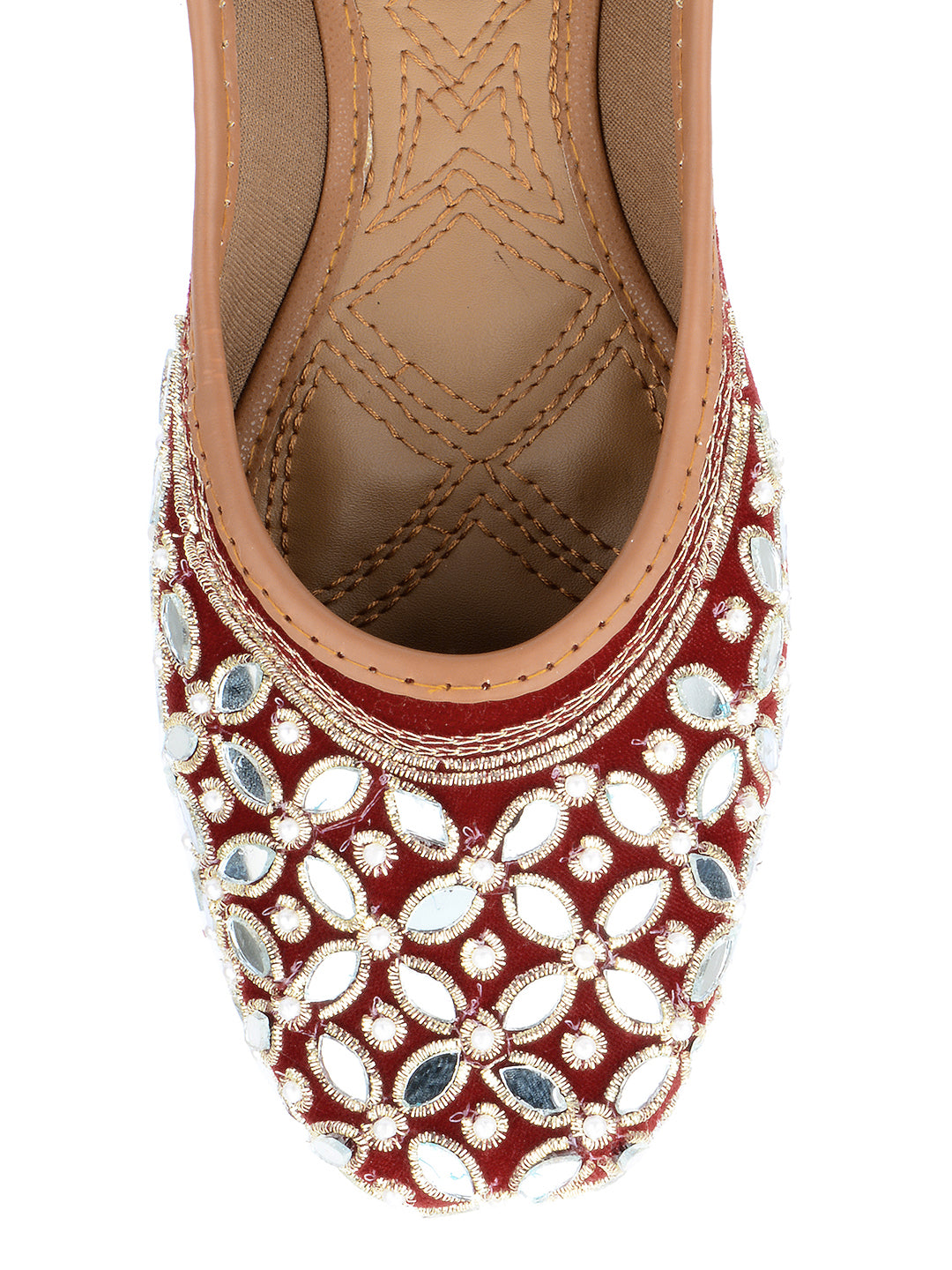 DESI COLOUR Women Red Gold-Toned Embellished Velvet Mojaris