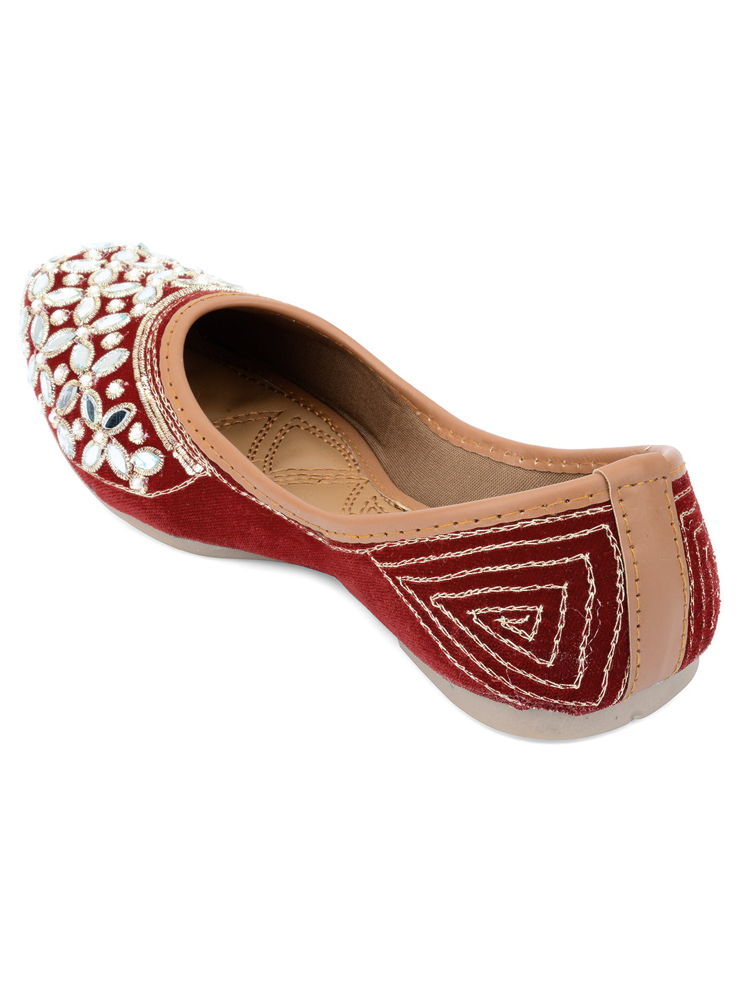 DESI COLOUR Women Red Gold-Toned Embellished Velvet Mojaris