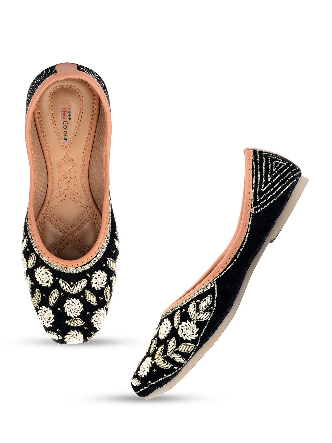 DESI COLOUR Women Black White Embellished Velvet Mojaris