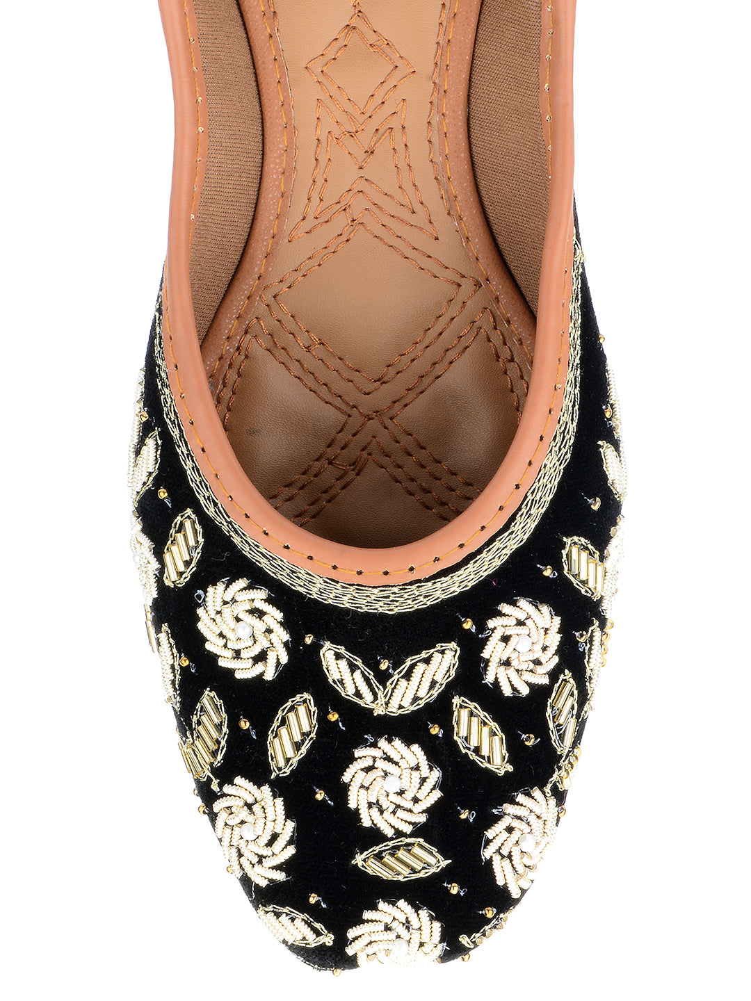 DESI COLOUR Women Black White Embellished Velvet Mojaris