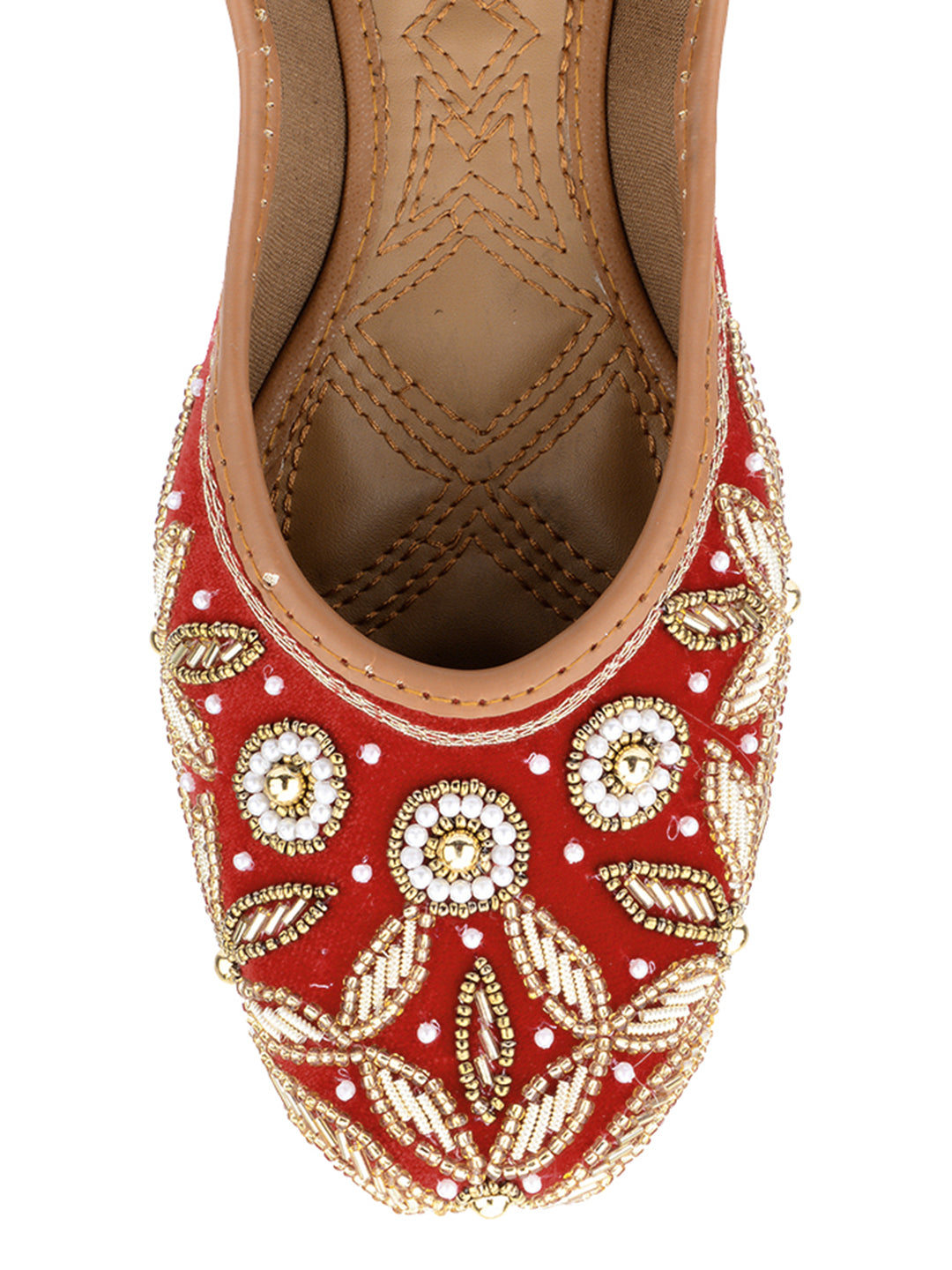 DESI COLOUR Women Red Gold-Toned Embellished Velvet Mojaris