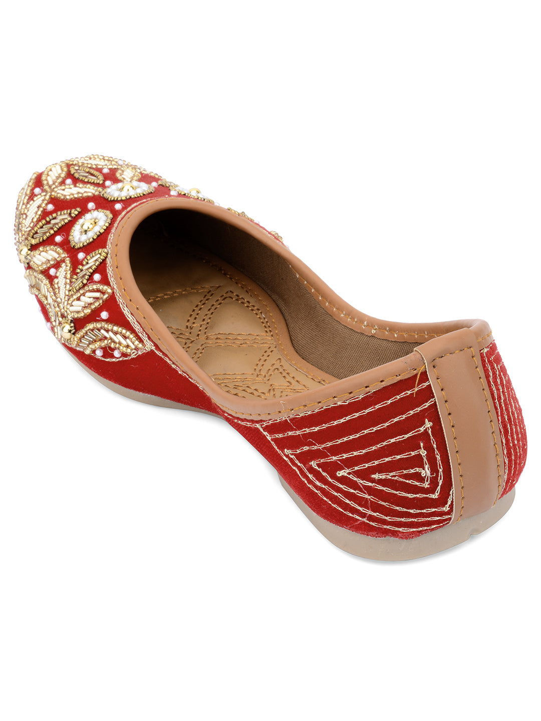 DESI COLOUR Women Red Gold-Toned Embellished Velvet Mojaris