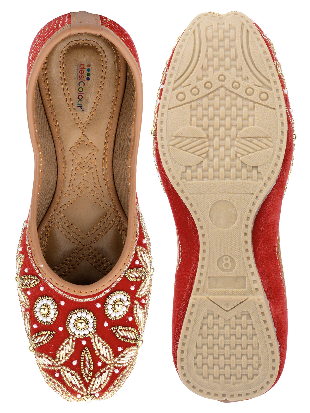 DESI COLOUR Women Red Gold-Toned Embellished Velvet Mojaris