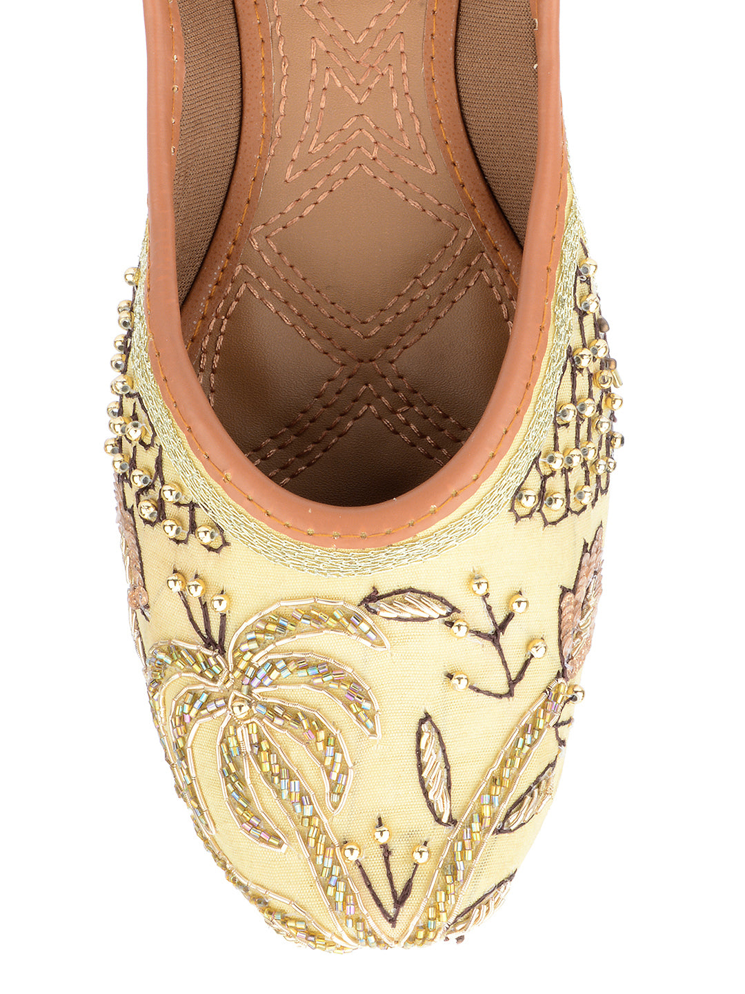 DESI COLOUR Women Gold-Toned Embellished Leather Ethnic Mojaris Flats