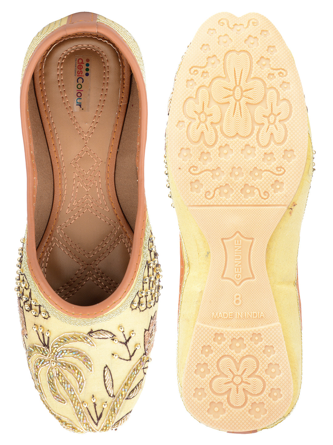 DESI COLOUR Women Gold-Toned Embellished Leather Ethnic Mojaris Flats