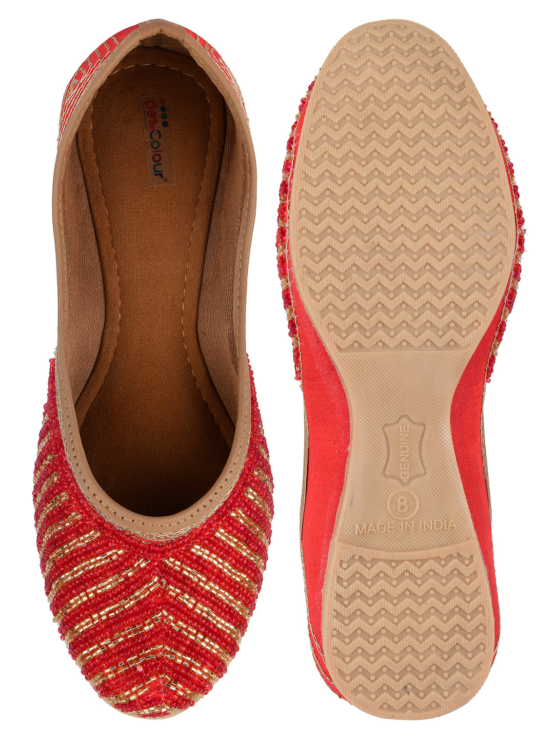 DESI COLOUR Women Red Embellished Ethnic Mojaris Flats