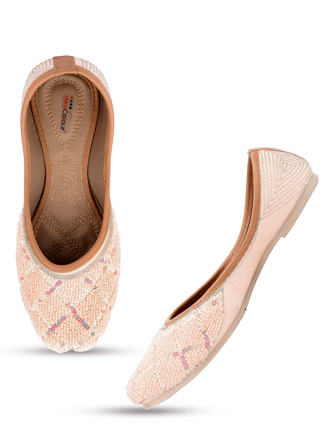 DESI COLOUR Women Peach-Coloured Embellished Leather Ethnic Mojaris Flats