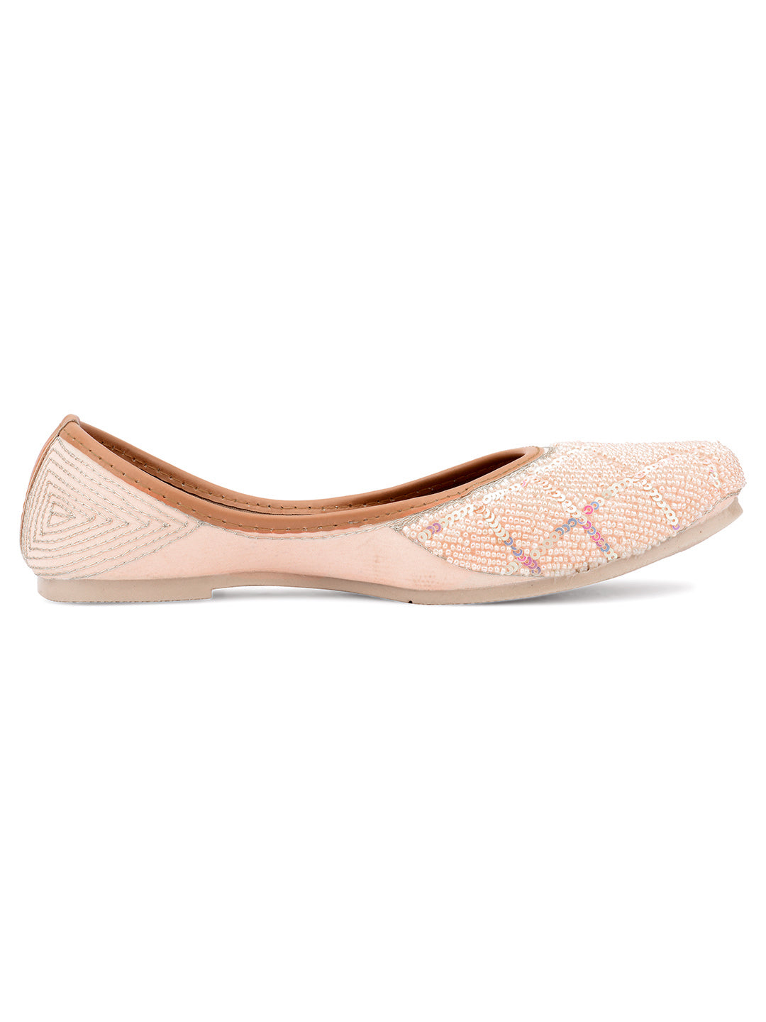 DESI COLOUR Women Peach-Coloured Embellished Leather Ethnic Mojaris Flats