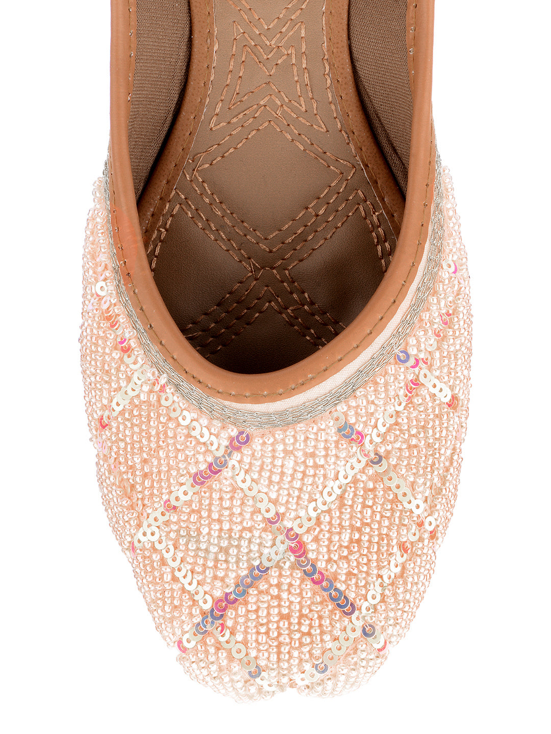 DESI COLOUR Women Peach-Coloured Embellished Leather Ethnic Mojaris Flats
