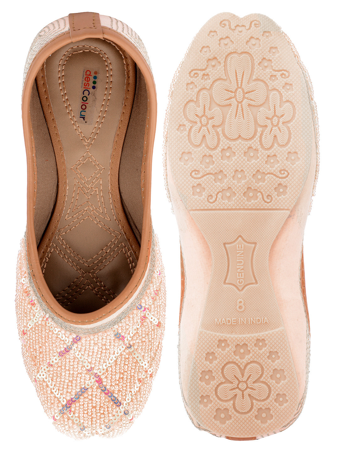 DESI COLOUR Women Peach-Coloured Embellished Leather Ethnic Mojaris Flats