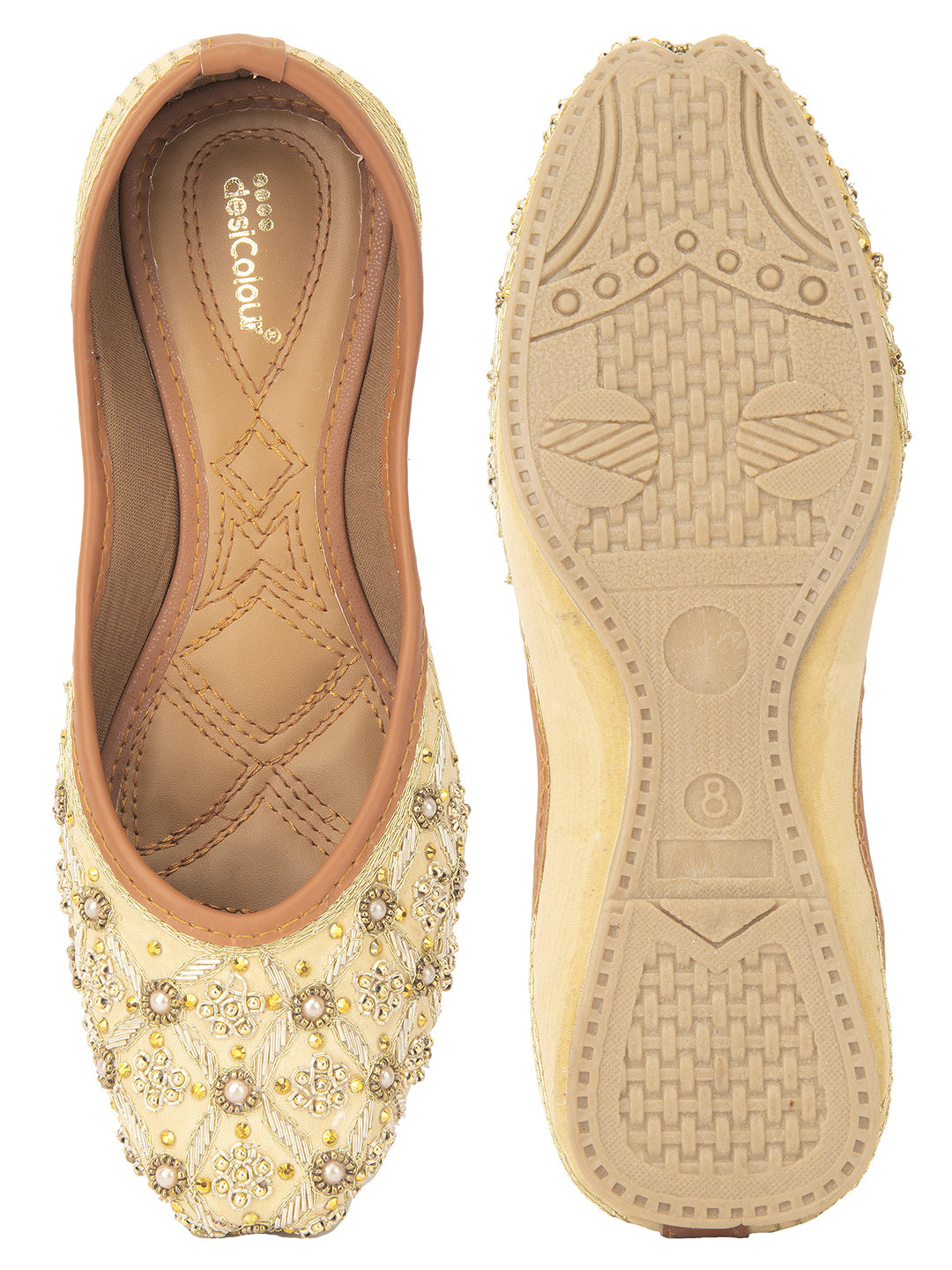 DESI COLOUR Women Gold-Toned Embellished Leather Ethnic Mojaris Flats
