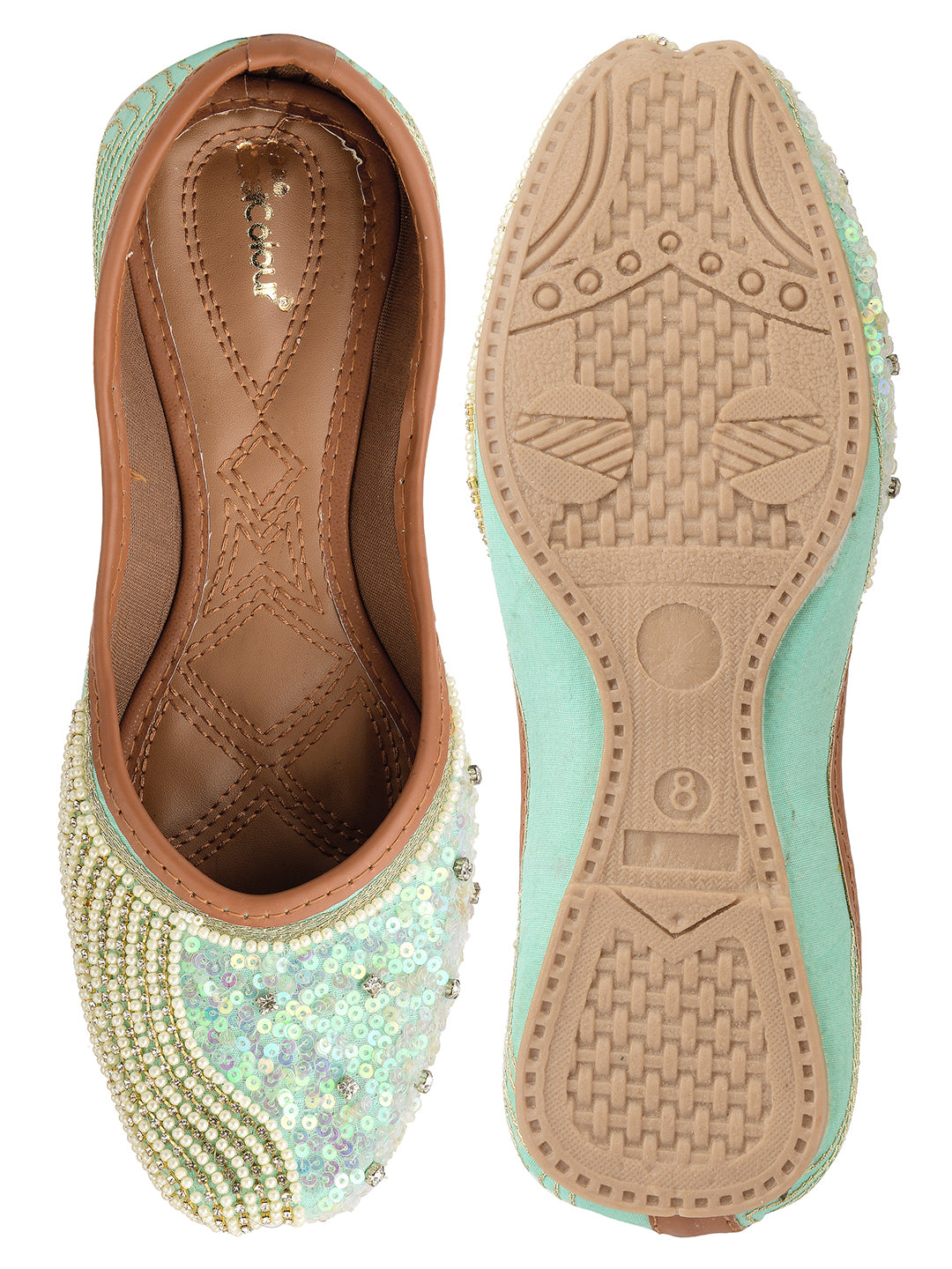 DESI COLOUR Women Sea Green Embellished Ethnic Mojaris Flats