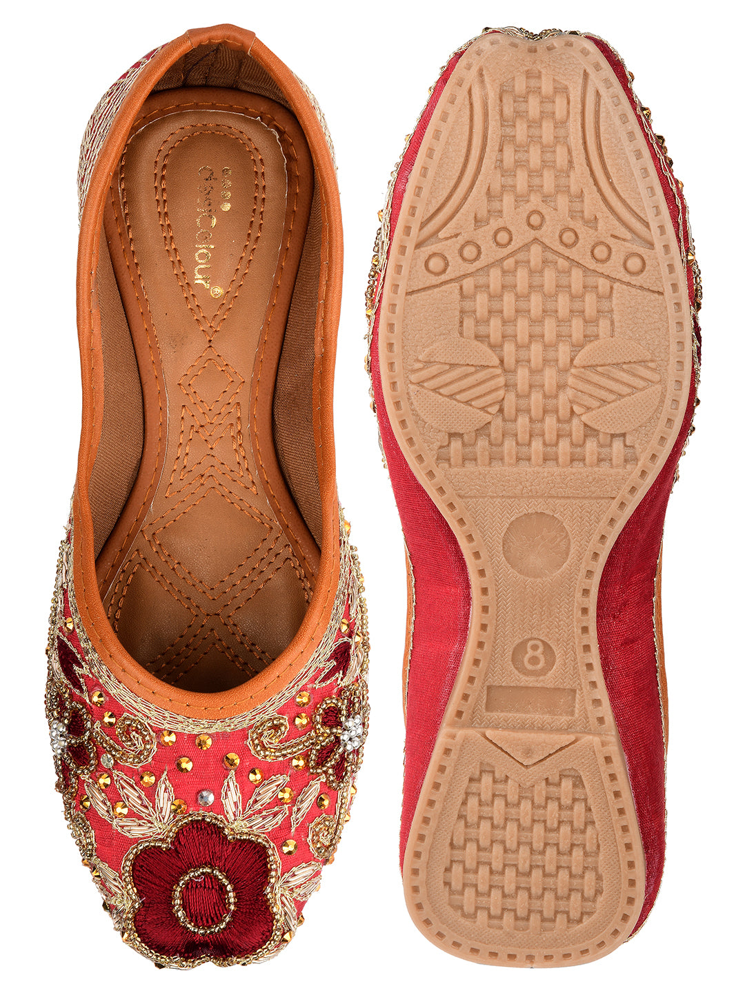 DESI COLOUR Women Maroon Embellished Ethnic Mojaris Flats