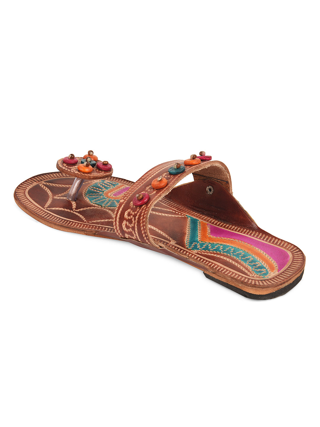 DESI COLOUR Women Brown Embellished Leather One Toe Flats