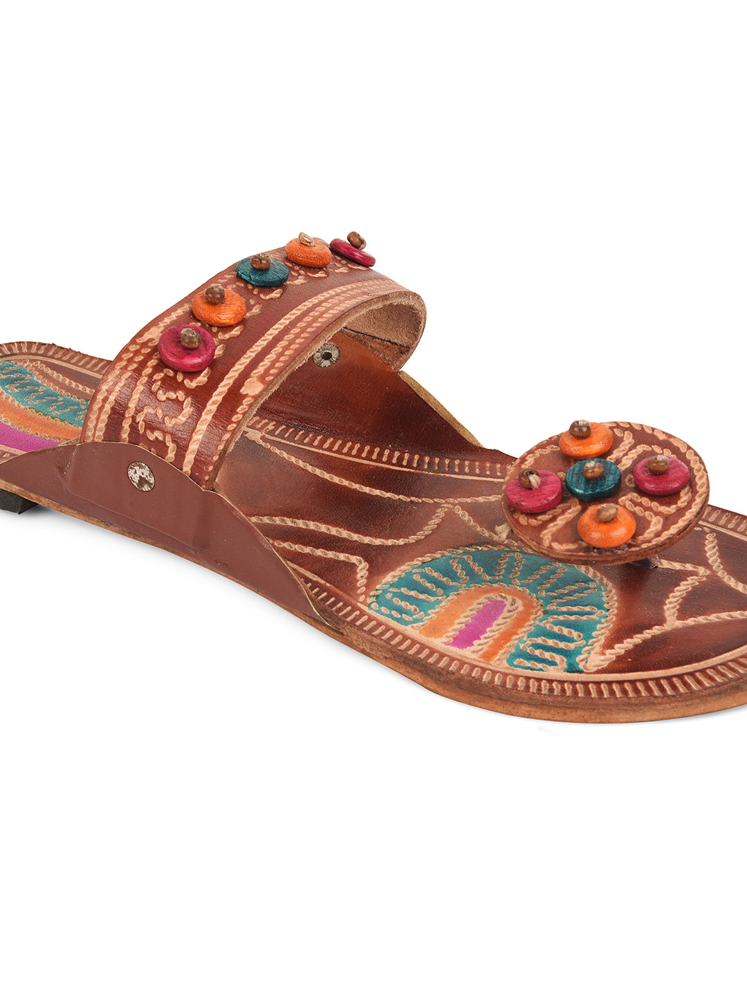 DESI COLOUR Women Brown Embellished Leather One Toe Flats