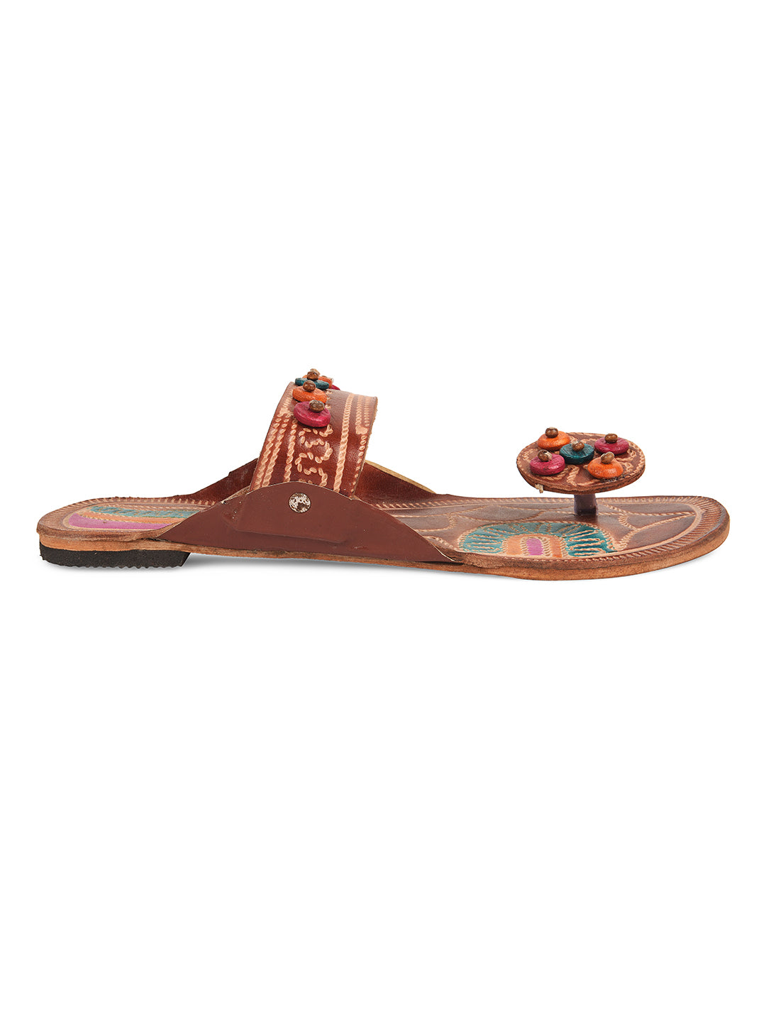 DESI COLOUR Women Brown Embellished Leather One Toe Flats