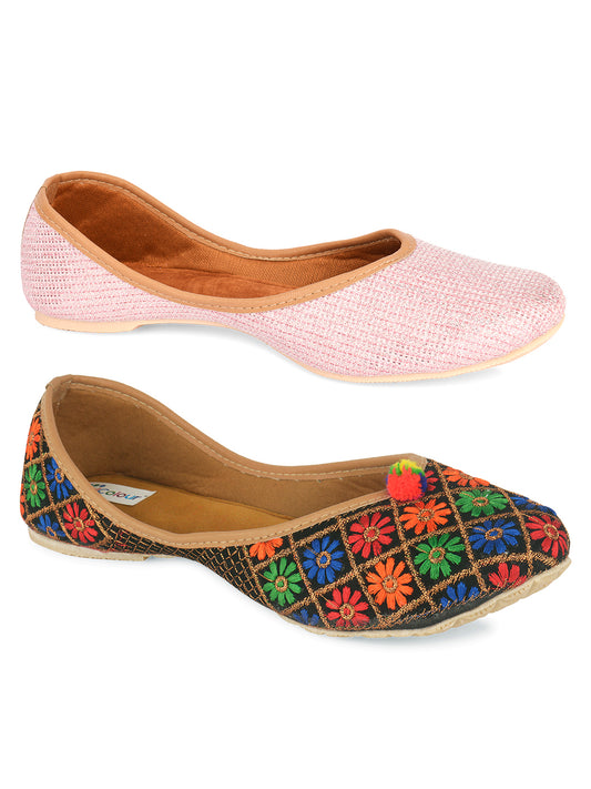 DESI COLOUR Women Set of 2 Multicoloured Ethnic Mojaris with Embroidered Flats