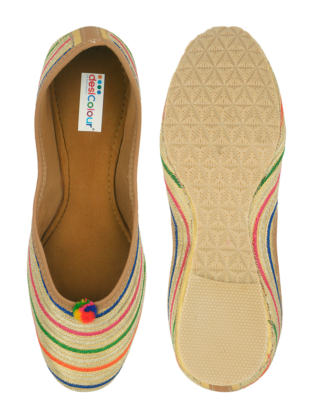 DESI COLOUR Women Multi Striped Mojaris with Embroidered Flats